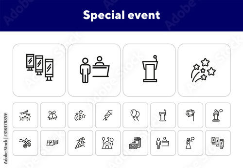 Special event line icon set. Air balloons, cutting ribbon, event reception. Celebration concept. Can be used for topics like birthday party, prom, holiday