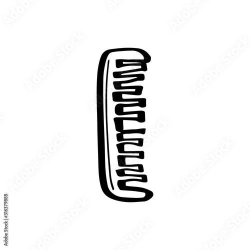 Wooden hair comb in doodle style isolated on white background. Hand drawn sketch.