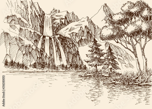 Waterfall in the mountains landscape