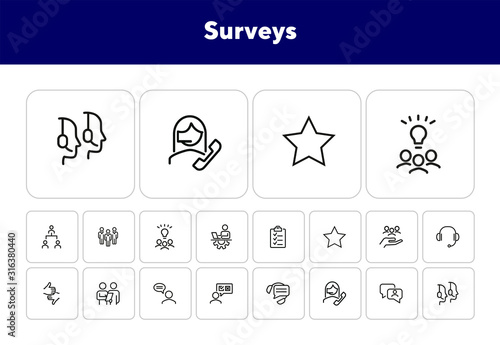 Surveys line icon set. Call center, operator, customer. Customer support concept. Can be used for topics like rate, feedback, review