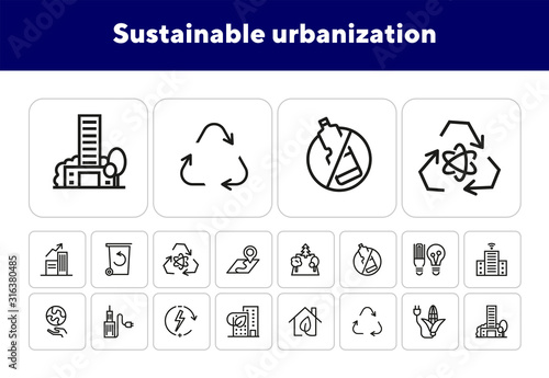 Sustainable urbanization line icon set. Facility, town, power. City concept. Can be used for topics like environment, resource, ecology