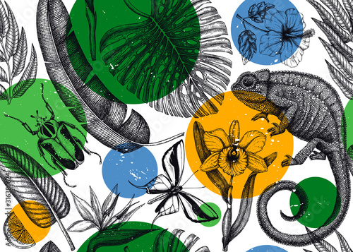 Tropical seamless pattern. Vector backdrop with hand drawn tropical plants, exotic flowers, palm leaves, insects and chameleon. Vintage wildlife background. 