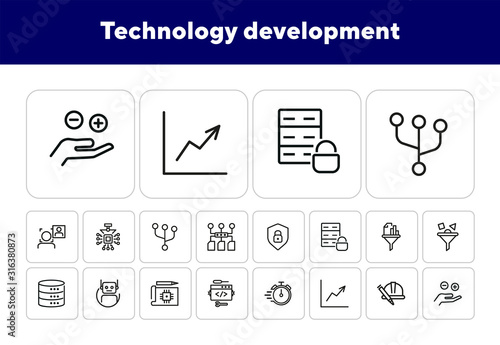 Technology development line icon set. Database, face detection, filter. Information technology concept. Can be used for topics like data processing, coding, software