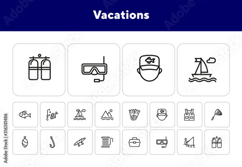 Vacations line icon set. Set of line icons on white background. Fishing, flippers, aqualung. Holiday concept. Vector illustration can be used for topics like travel, trip, tourism