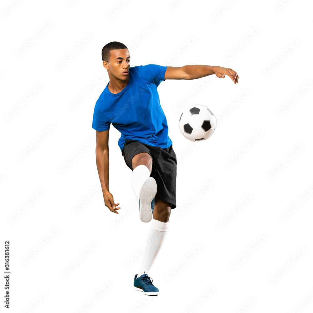 Full-length shot of African American football player man over isolated white background Full-length shot of African American football player man over isolated white background