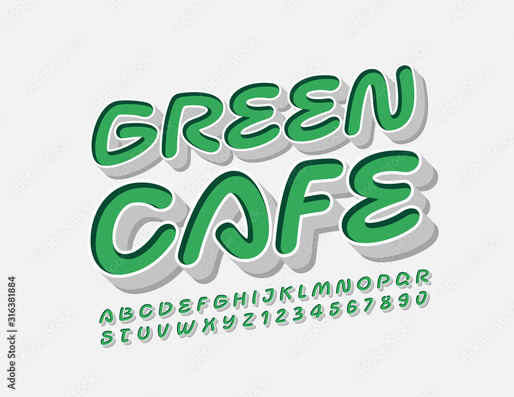 Naklejka premium Vector bright Sign Green Cafe. Creative 3D Font. Stylish Alphabet Letters and Numbers