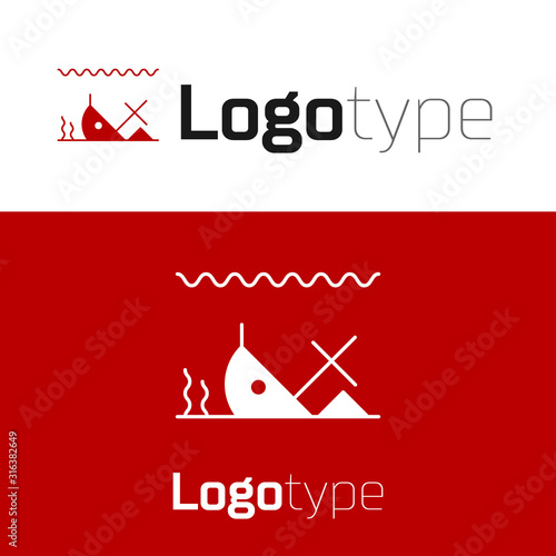 Red Sunken ship at the bottom of the sea icon isolated on white background. Logo design template element. Vector Illustration