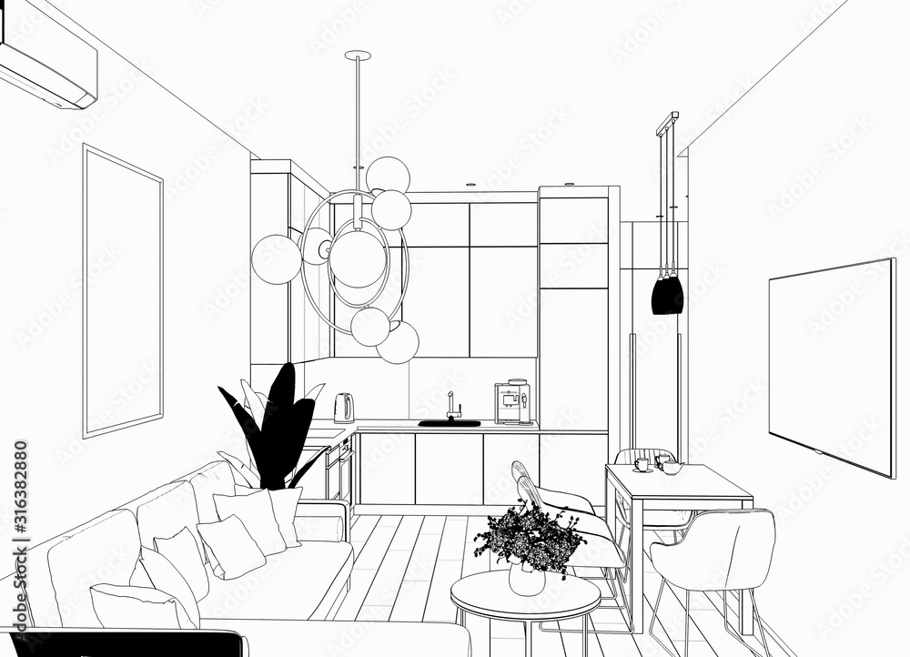 Fototapeta premium interior contour visualization, 3D illustration, sketch, outline