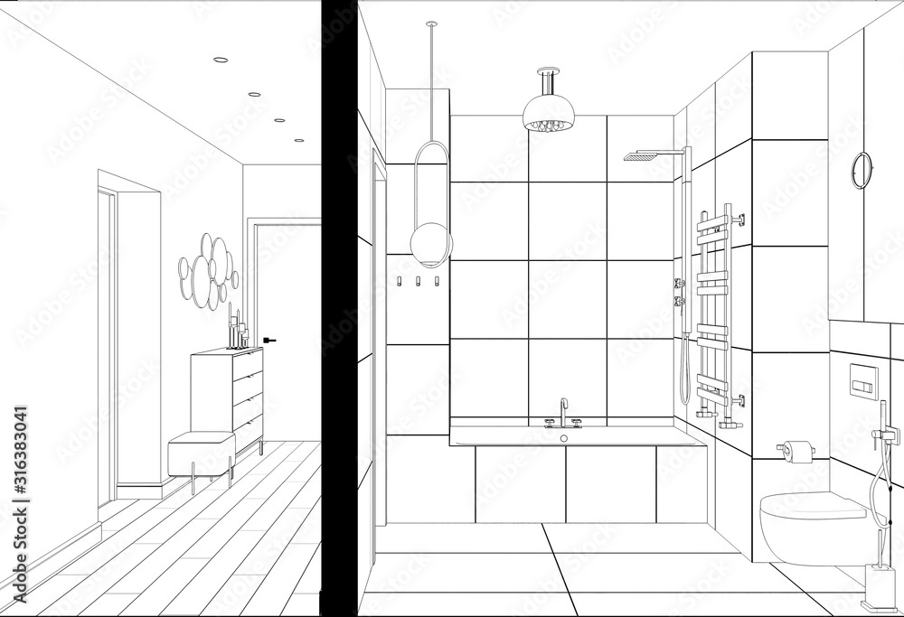 interior contour visualization, 3D illustration, sketch, outline interior contour visualization, 3D illustration, sketch, outline