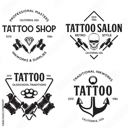 Vector tattoo studio logo templates on white background. Cool retro styled vector emblems.