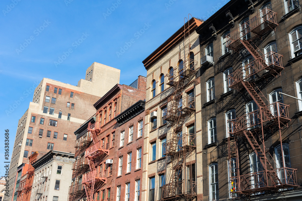 Colorful Old Buildings with Fire Escapes in Tribeca New York