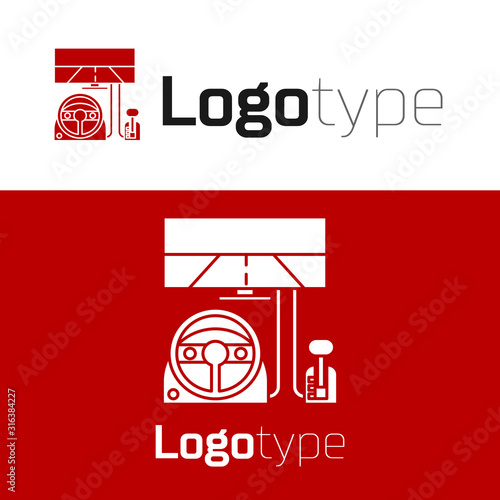 Red Racing simulator cockpit icon isolated on white background. Gaming accessory. Gadget for driving simulation game. Logo design template element. Vector Illustration