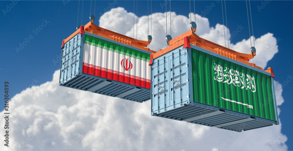 Freight container with Iran and Saudi Arabia flag. 3D Rendering