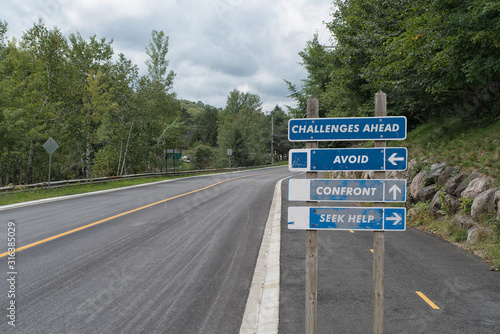 Signpost on side road warning challenges ahead and three options, decision concept