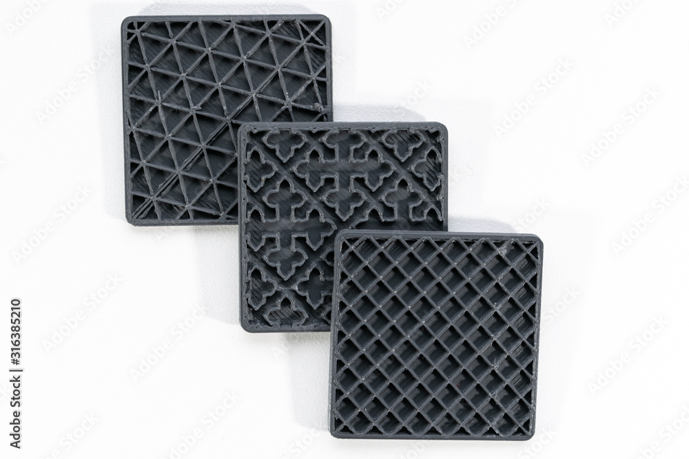 Different types of infill on 3d printed objects, white background
