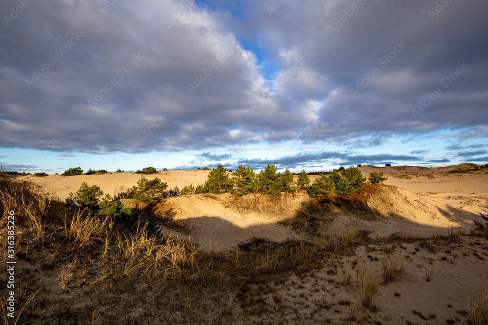 Dunes in the Slowinski National Park. Landscape with beautiful sky, clouds and dunes in the sun. Czolpino, Leba, Poland.