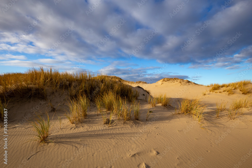 Dunes in the Slowinski National Park. Landscape with beautiful sky, clouds and dunes in the sun. Czolpino, Leba, Poland.