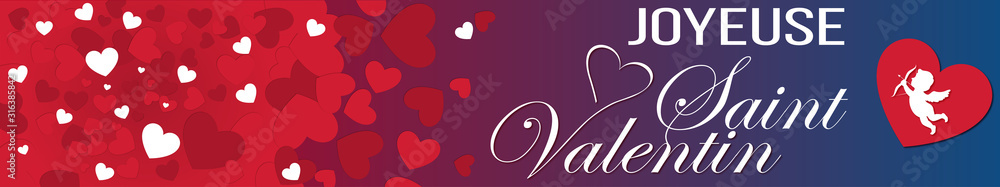 bandeau ou carte joyeuse saint valentin avec coeur rouge et blanc ange sur fond rouge, violet et bleu en dégradé bandeau ou carte joyeuse saint valentin avec coeur rouge et blanc ange sur fond rouge, violet et bleu en dégradé