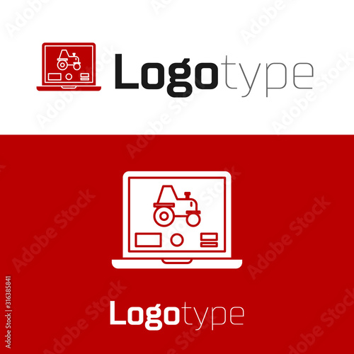 Red Laptop application for control a autonomous tractor on a smart farm icon isolated on white background. Smart agriculture implement. Logo design template element. Vector Illustration