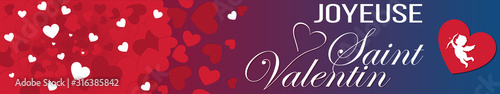 bandeau ou carte joyeuse saint valentin avec coeur rouge et blanc ange sur fond rouge, violet et bleu en dégradé