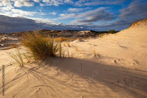 Dunes in the Slowinski National Park. Landscape with beautiful sky, clouds and dunes in the sun. Czolpino, Leba, Poland.