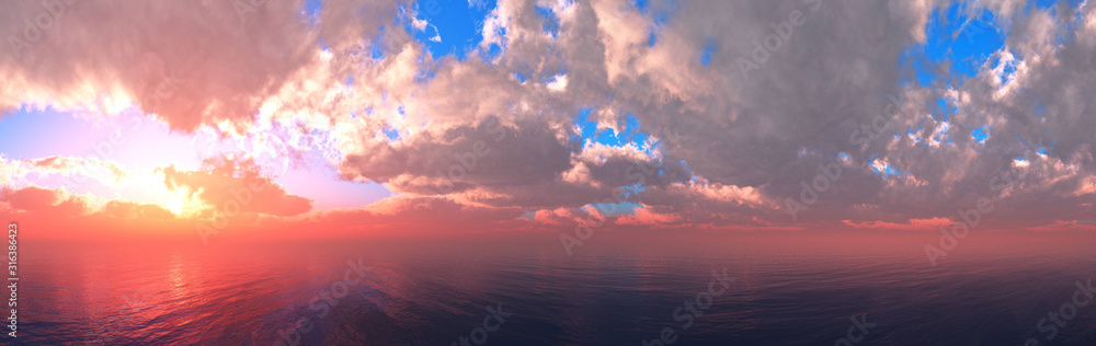 Naklejka Piękny morze zachód słońca, panorama oceanu o zachodzie słońca, chmury nad wodą, wschód słońca na morzu