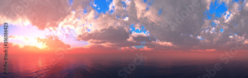 Beautiful sea sunset, panorama of the ocean at sunset, clouds above the water, sunrise in the sea
