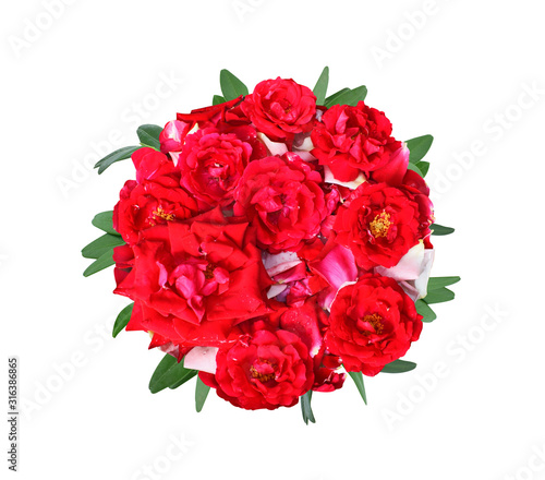 Bright red roses. Bouquet is isolated on a white background. View from above.