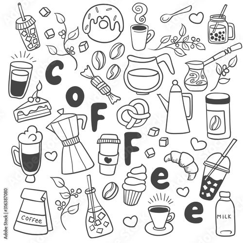Set of cartoon beverages, coffee drink in doodle style. Various cups, sweets and coffe objects. Easy to change colors.