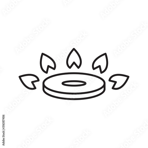 Gas burner icon. Thin line art logo of kitchen gas stove. Black simple illustration. Contour isolated vector image on white background. Symbol of circle with sparks to indicate cooking method