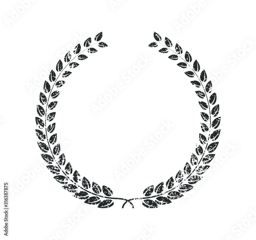 Grunge stamp style Laurel wreath Icon shape silhouette. Champion, heraldic, winner logo symbol sign. Vector illustration image. Isolated on white background.