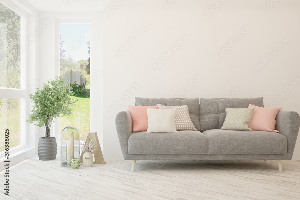 Stylish room in white color with sofa and summer landscape in window. Scandinavian interior design. 3D illustration Stylish room in white color with sofa and summer landscape in window. Scandinavian interior design. 3D illustration