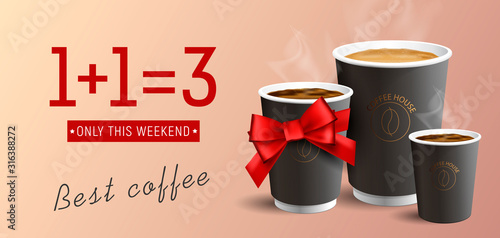 Coffee to Go advertising poster buy two get three cups, one as gift with red ribbon bow, realistic illustration