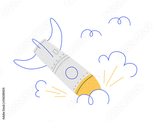 Broken rocket. The explosion of the spacecraft. Symbol of site errors, Unsuccessful start, business failure, negative scenario. Vector illustration in doodle style with texture