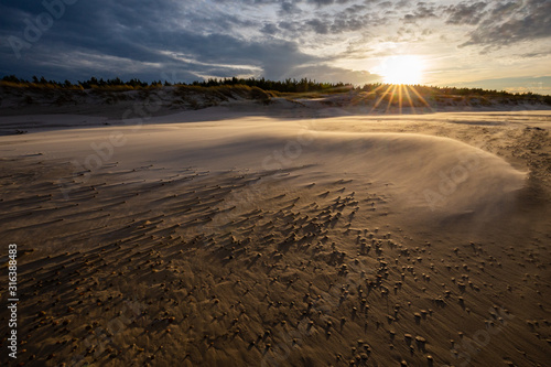 Obraz na płótnie A beach after a storm during a windy evening in the Slowinski National Park. Czolpino, Leba, Poland. w salonie