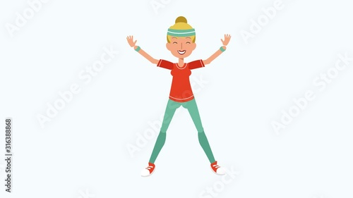 2D Flat cartoon colorful woman character animation. Female workout exercise Jumping Jacks.