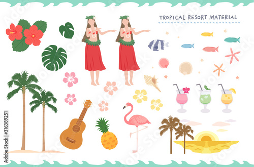 Illustration material set of tropical resort