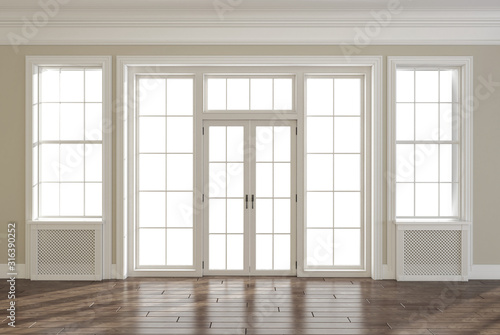 Empty room with wooden floor and large windows and doors, 3d render