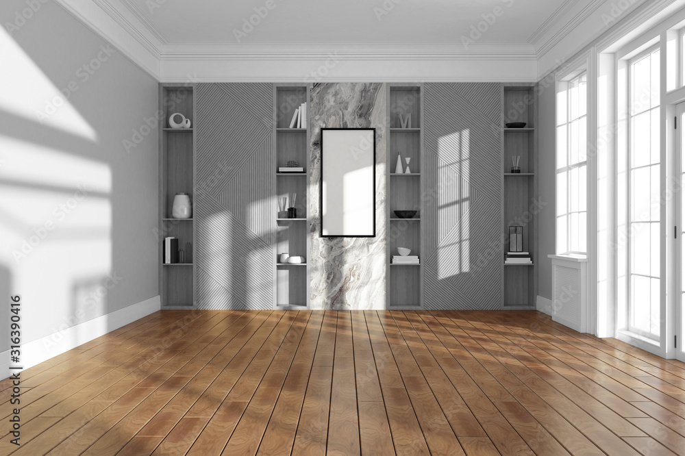 Obraz premium Empty room interior with wooden floor and modern wall shelves decoration. 3d render