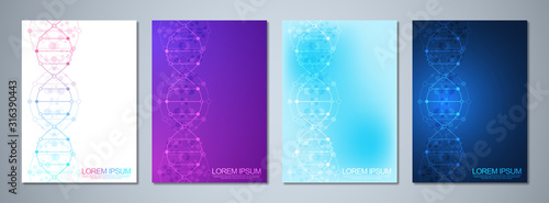 Vector template for cover or brochure, with molecules background and DNA strand. Medical or scientific and technological concept.