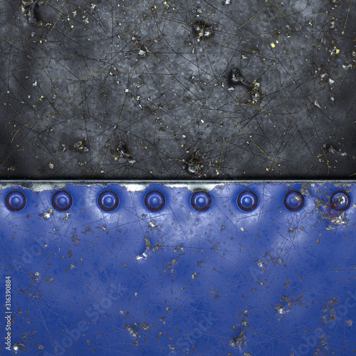 Painted blue metal with rivets on black metal background. 3d