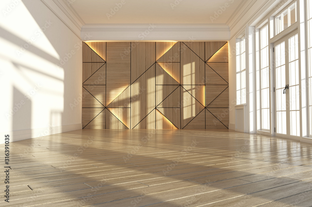 Fototapeta premium Geometric wooden wall. Interior and decor idea. Modern and contemporary style. Laminate design background.