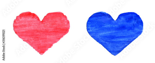 Hand drawn isolated watercolor red and blue hearts
