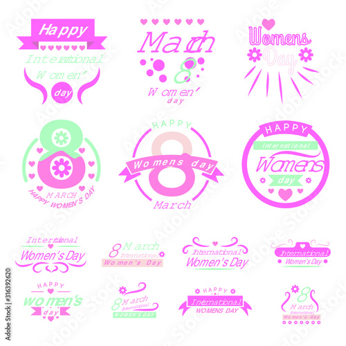 Womens day typography set. Labels, logo, text design. Usable for banners, greeting cards, posters etc.