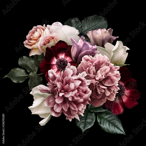 Leinwand Poster Dark pink peony, white roses, red anemone, purple tulip isolated on black background