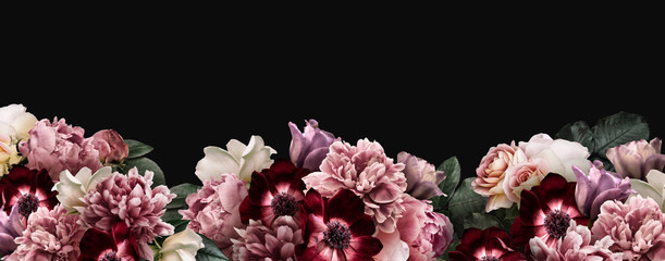 Floral banner, header with copy space. Pink peony, white roses, red anemone, purple tulip isolated isolated on dark background. Natural flowers wallpaper or greeting card.