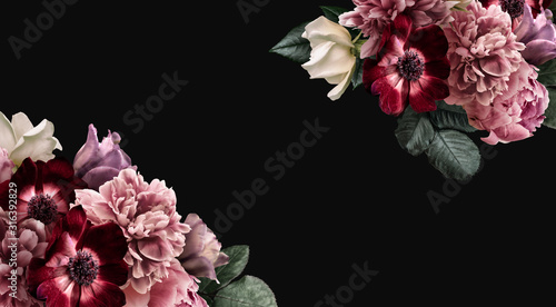 Fototapeta Naklejka Na Ścianę i Meble -  Floral banner, header with copy space. Pink peony, white roses, red anemone, purple tulip isolated isolated on dark background. Natural flowers wallpaper or greeting card.
