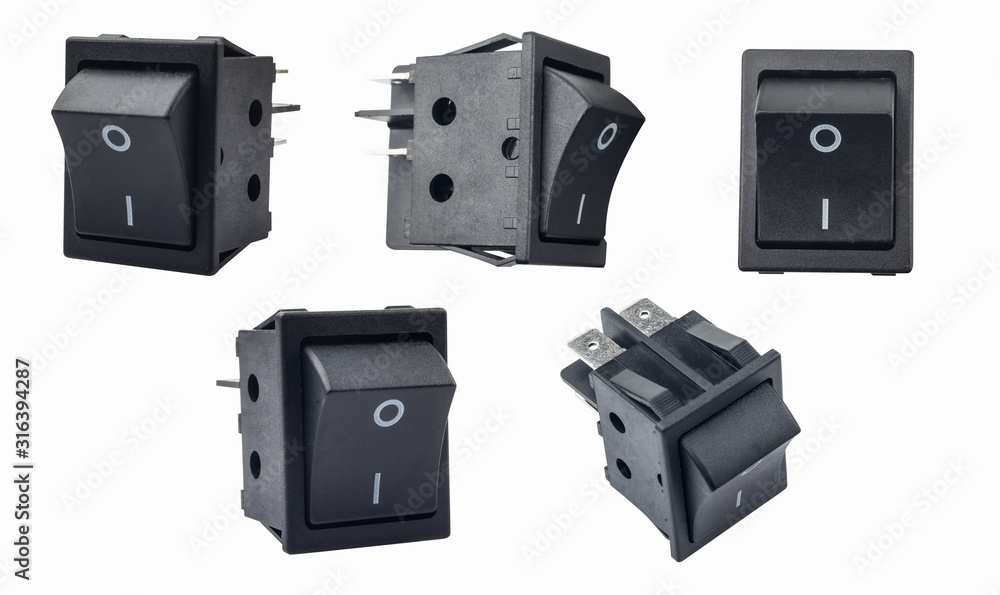 Rocker switch or on/off micro switch on white background. used in surge protectors, display monitors, computer power supplies, and many other devices and applications. Rocker switch or on/off micro switch on white background. used in surge protectors, display monitors, computer power supplies, and many other devices and applications.