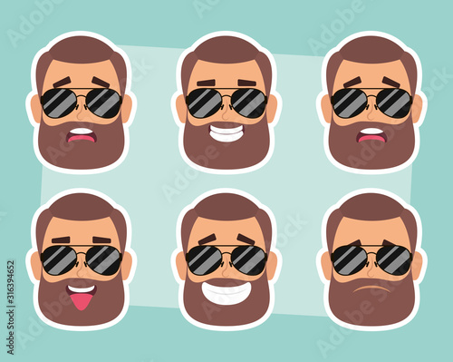 group of man faces with beard and sunglasses
