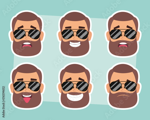group of man faces with beard and sunglasses